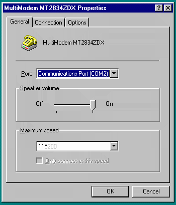 Windows 95 Modem Properties window - 12Kbytes